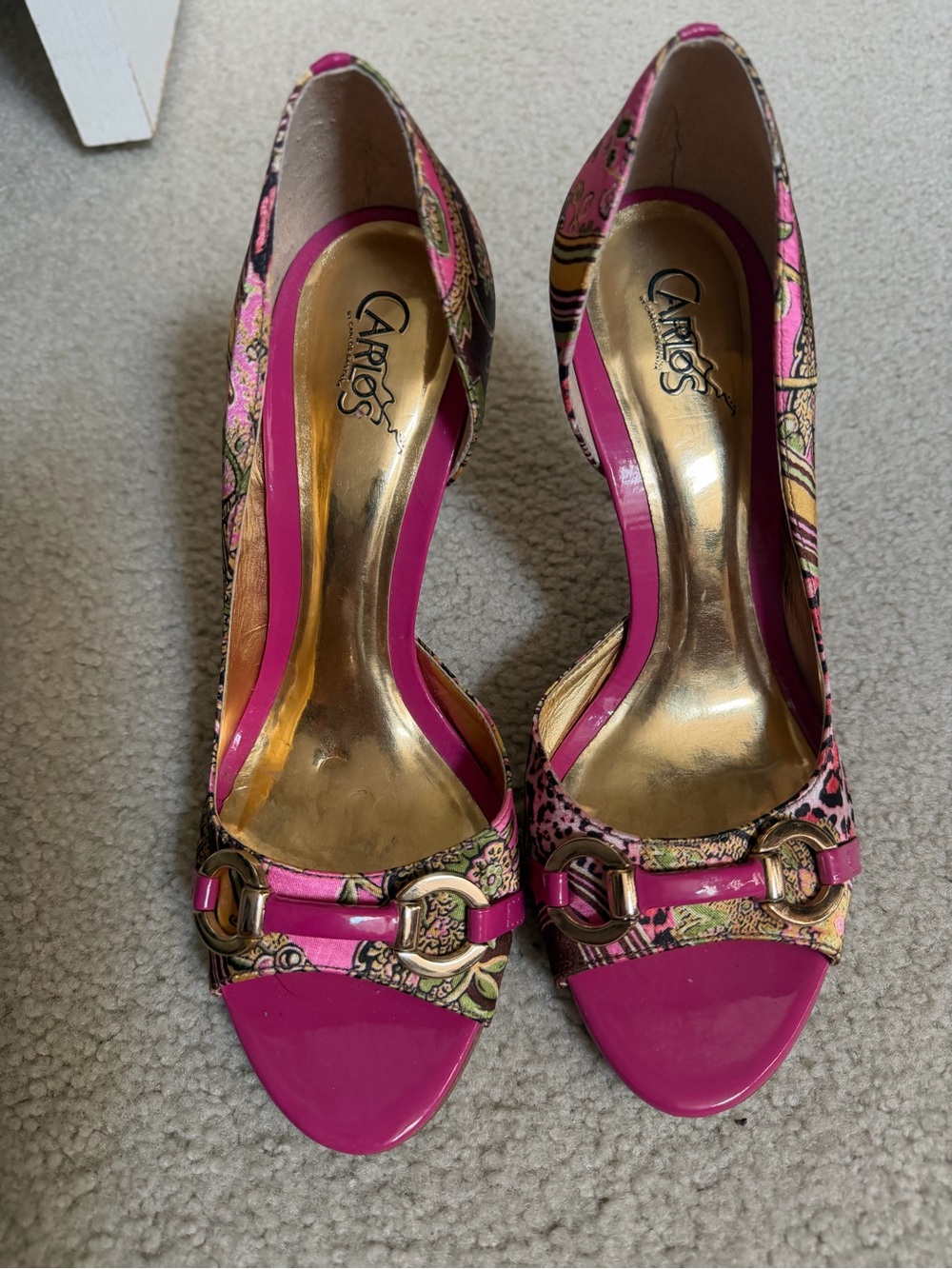 by Santana Pink Patterned Peep-Toe Heels worn one time